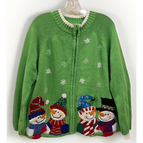 Tiara International Green Knit Christmas Embroidered Zip Cardigan Women Sz L - Picture 1 of 8